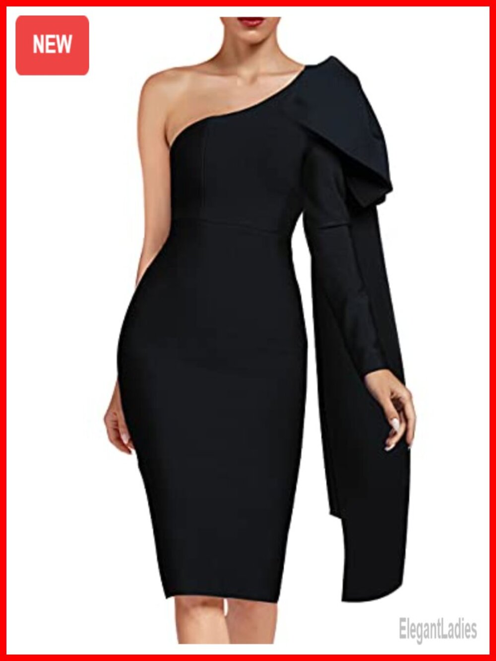 One Shoulder Bowknot Long Sleeve Bodycon Knee Length Bandage Club Dress